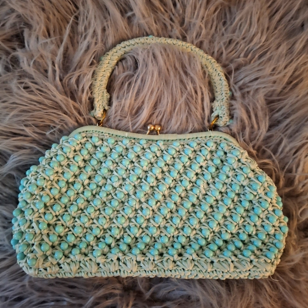 Vintage Ocean blue beaded hand bag